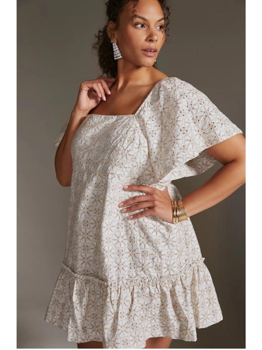 Maeve By Anthropologie Smocked Tunic Open Back Mini Dress In Cream & White Sz 1X - Picture 11 of 11